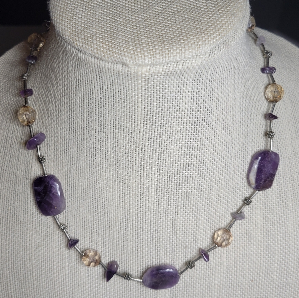 Silver Floating Amethyst and Crystal Beaded Clasp Necklace Adjustable Length 20"